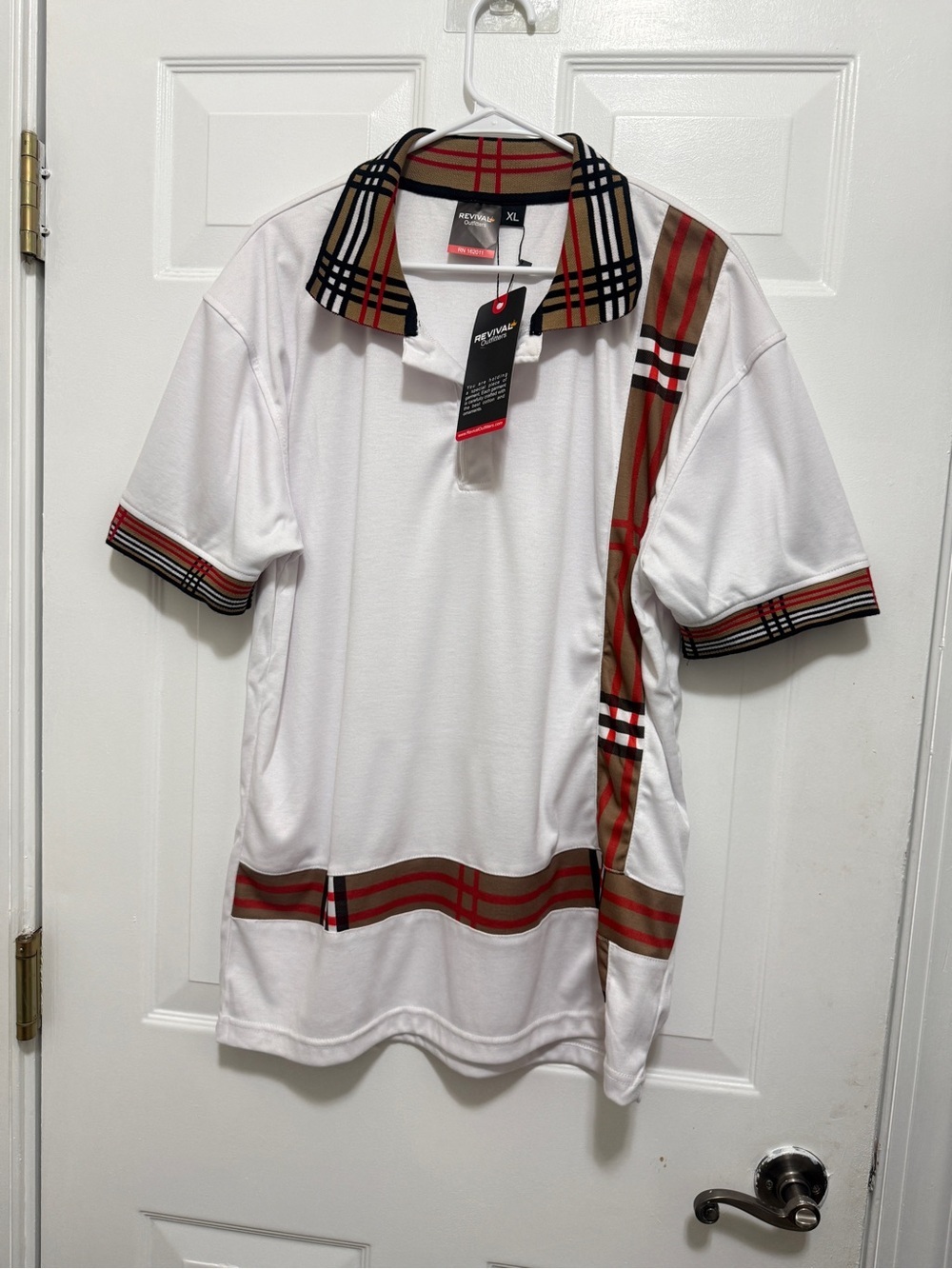 REVIVAL White Polo Shirt with Plaid Trim - Classic Short Sleeve new with tag